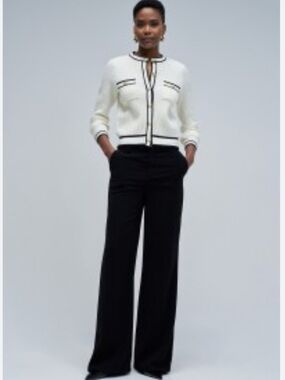 Classic White Knit Cardigan with Navy Trim – Button Front size medium